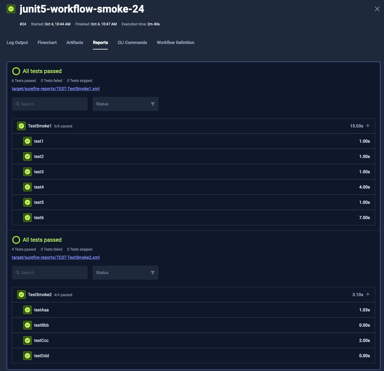 Reports tab showing detailed JUnit report information